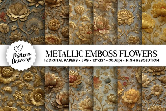Metallic Emboss Flowers Digital Paper
